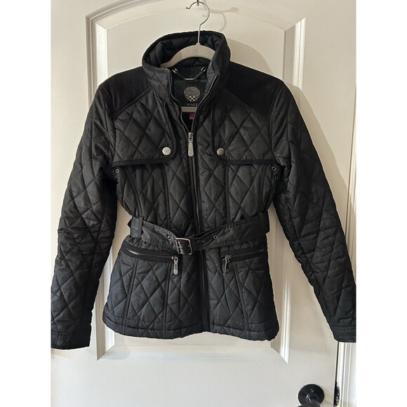 Vince Camuto Size Small Black Quilted Field Jacket Full Zip Elbow Patches - Picture 5 of 13